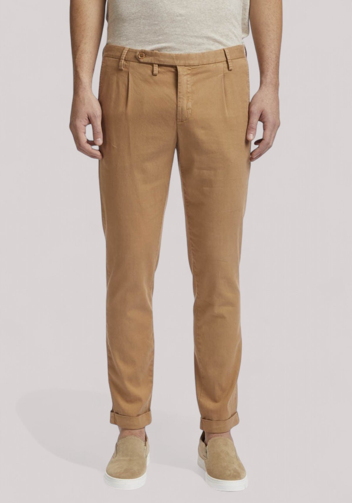 PANTALONE UOMO MISTO LINO SLIM FIT CON PINCES CAMMELLO