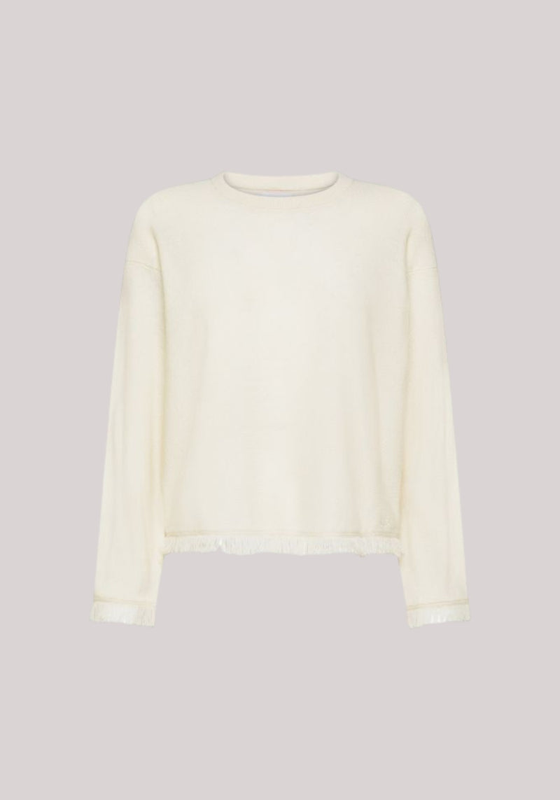 MAGLIA DONNA IN LANA E CASHMERE CON FRANGE BIANCO PANNA