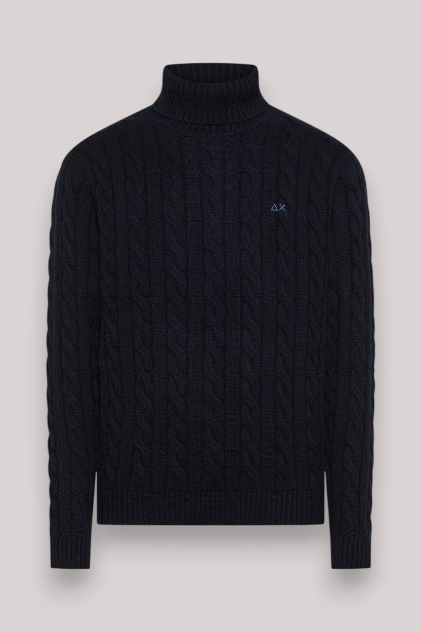 MAGLIA UOMO TURTLE SWEATER CABLE KNIT WARM NAVY BLUE - Linassi
