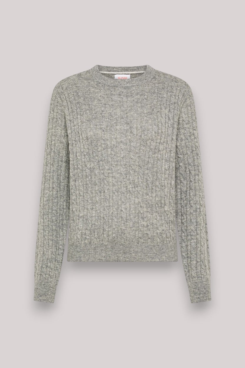 MAGLIA DONNA SWEATER CABLE KNIT CASHMERE GRIGIO CHIARO