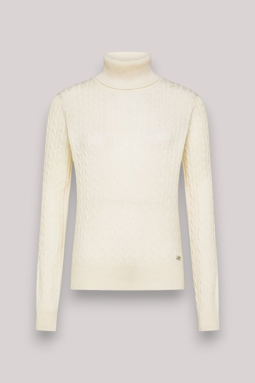 MAGLIA DONNA TURTLE SWEATER CABLE KNIT CASH BIANCO PANNA - Linassi