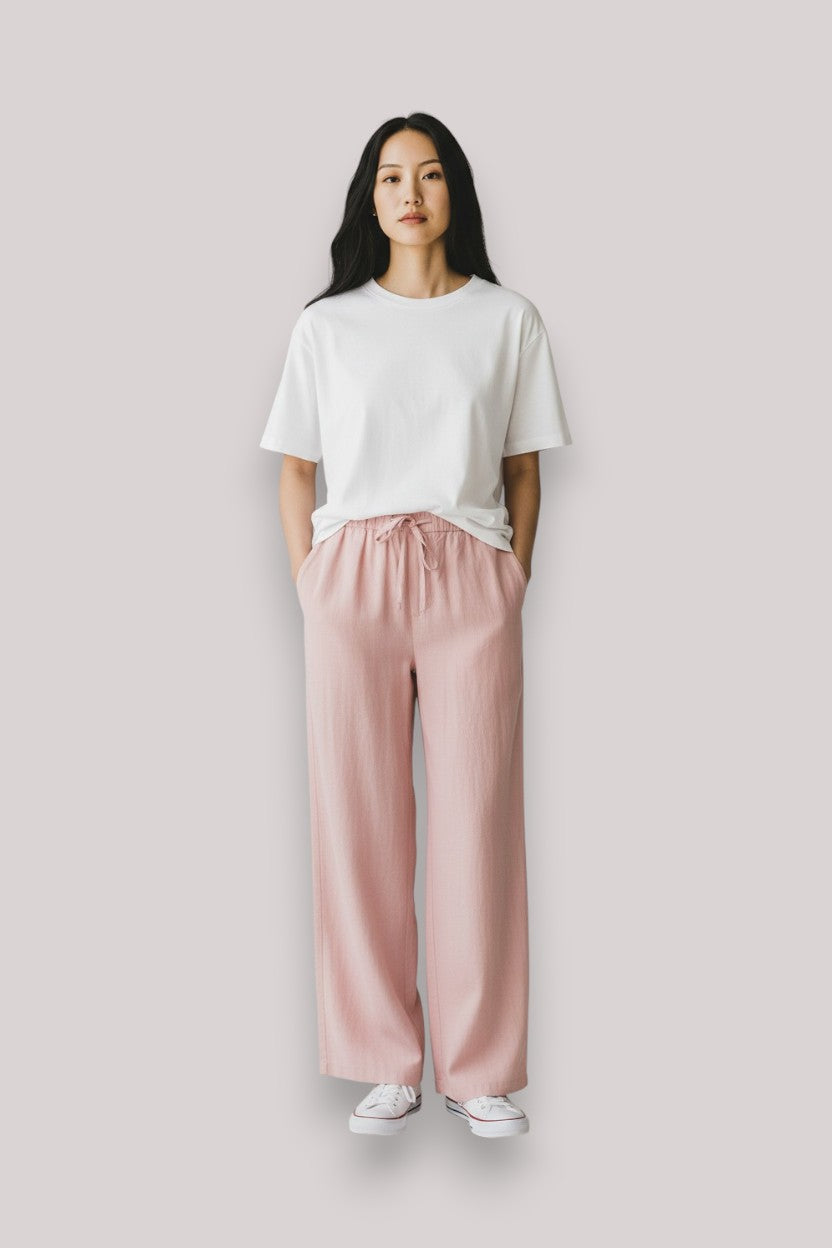 PANTALONE DONNA WIDE LEG ROSA PORCELLANA - Linassi