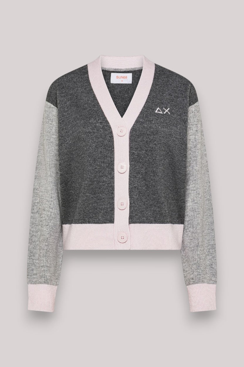 MAGLIA DONNA CARDIGAN COLOR BLOCK GRIGIO SCURO