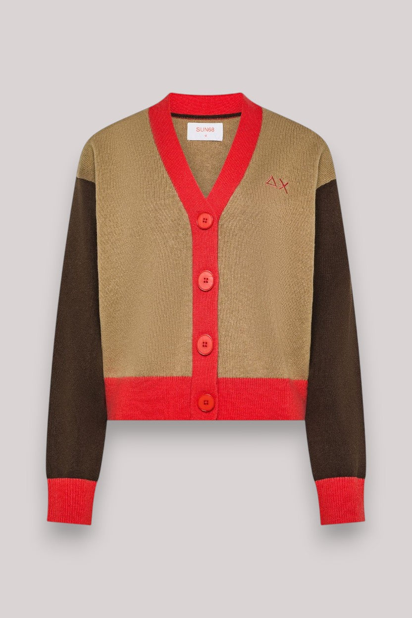 MAGLIA DONNA CARDIGAN COLOR BLOCK CAMMELLO